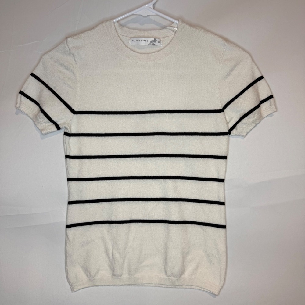 Altar'd State Womens Striped Short Sleeve Knit Sweater Top Cream Black Size M